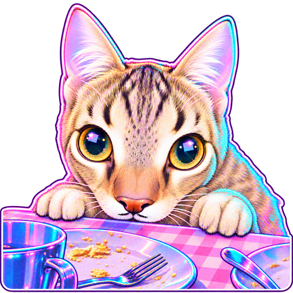 Stare Cat peeking over a table's edge, paws up, watching a plate