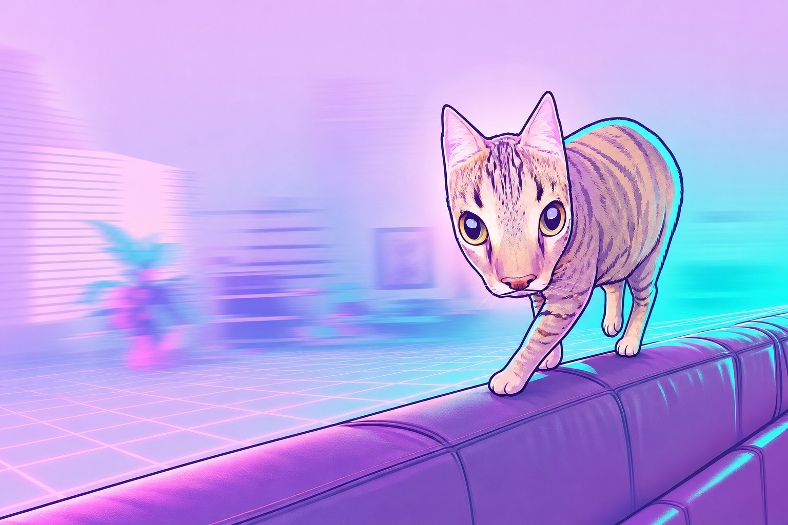 Stare Cat prowling along a couch edge inside a glowing lilac and cyan retro room